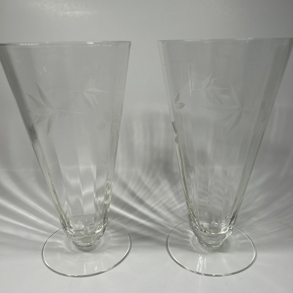Vintage Pilsner Beer Glasses‎ Etched Leaf Vine Paneled Delicate